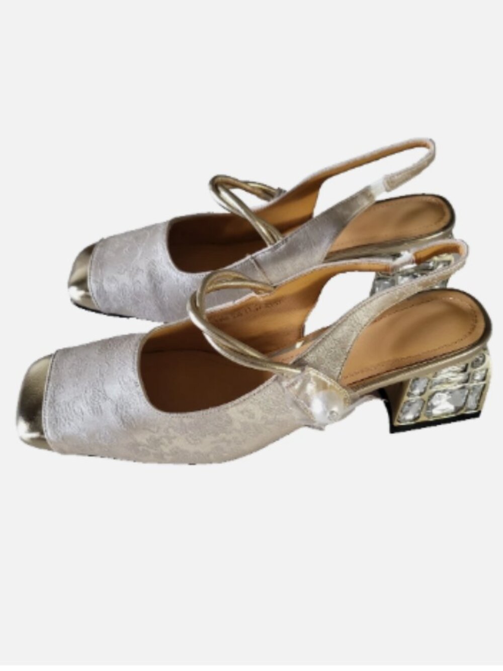 Women’s Ivory/Gold Floral Slingback Block Heels Square Toe Rhinestone US 7.5M